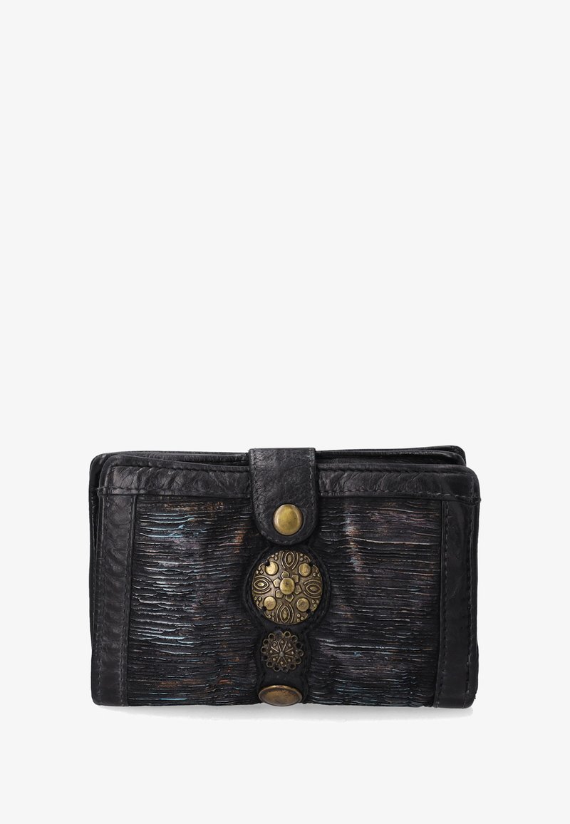 Schwarze strukturierte Lederbörse mit drei dekorativen Metallknöpfen und einem Druckverschluss. Verfügt über geprägte Linien und subtile Farbvariationen.