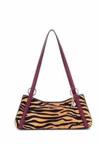 Borsa a tracolla con stampa animalier con strisce gialle e nere a striscia di tigre, materiale morbido al tatto, manici color bordeaux e dettagli in metallo argentato.