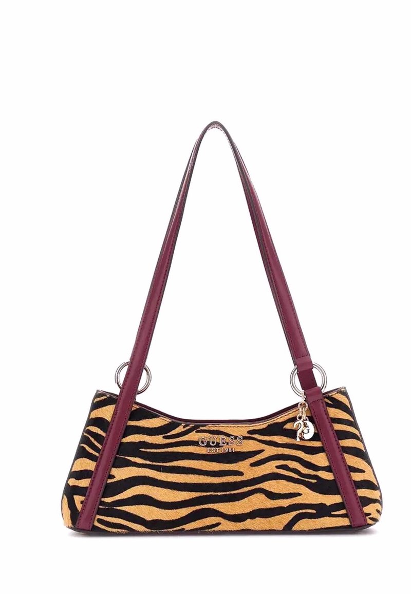 Borsa a tracolla con stampa animalier con strisce gialle e nere a striscia di tigre, materiale morbido al tatto, manici color bordeaux e dettagli in metallo argentato.