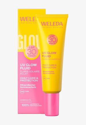 Weleda UV Glow Fluid Sonnencreme Tube mit LSF 30, passende gelb-rosa Verpackung, die tägliche Pflege und mineralischen Schutz betont.