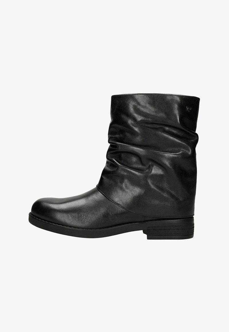 Black leather ankle boot with a slouchy design, rounded toe, textured finish, and a low, stacked heel for stability.