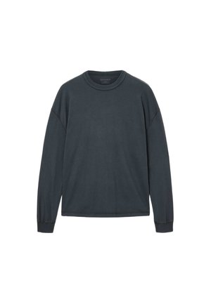 Donkergrijs shirt met lange mouwen en ronde hals, met geribbelde boorden en eenvoudige stikseldetails, plat uitgevouwen op een witte achtergrond.