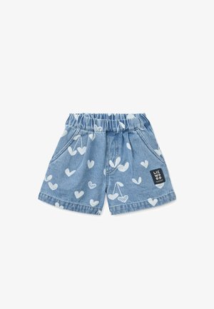 Denim shorts in light blue with white heart and cherry patterns. Features an elastic waistband and side pockets. Brand label on the front.