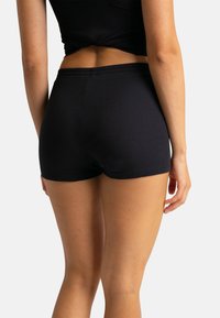 Shorts noirs côtelés au design ajusté, avec une taille lisse et une longueur au milieu des cuisses, présentant un aspect sans couture et texturé.