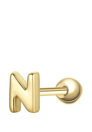 Ohrstecker aus goldfarbenem Metall mit einem markanten Großbuchstaben "N" und rundem Verschluss vor weißem Hintergrund.