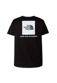 Mustast puuvillast lühikeste varrukatega T-särk; seljal valge kandiline graafika, millel on tekstid „THE NORTH FACE“ ja „NEVER STOP EXPLORING“.