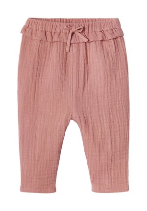 Weiche rosa Babyhosen mit elastischem Bund und dekorativem Kordelzug, strukturiertem Stoff, zulaufenden Beinen.