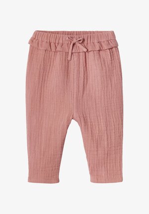 Weiche rosa Babyhosen mit elastischem Bund und dekorativem Kordelzug, strukturiertem Stoff, zulaufenden Beinen.