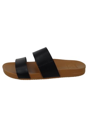 Brun flad slidssandal med to brede sorte remme over foden og en tekstureret sål.