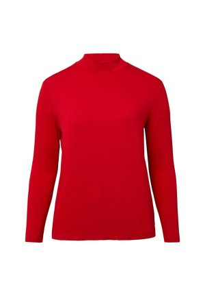 Prosty czerwony długi rękaw z półgolfem, prezentowany na białym tle, z gładką teksturą materiału, bez dodatkowych elementów wzorniczych.