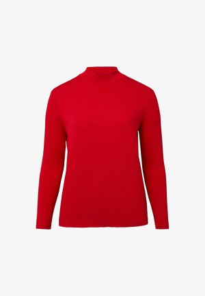 Effen rood shirt met lange mouwen en een kraagje, weergegeven op een witte achtergrond, met een gladde stoftextuur en zonder extra designelementen.