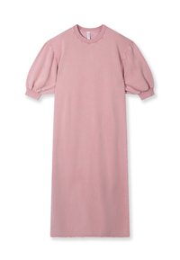 Roze, knielange jurk van zachte stof met een ronde hals, puffkorte mouwen en een rechte snit. Geen zichtbare patronen of hardware.
