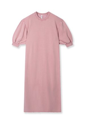 Abito rosa, di lunghezza ginocchio, realizzato in tessuto morbido con colletto rotondo, maniche corte a sbuffo e taglio dritto. Nessun motivo o elemento in metallo visibile.