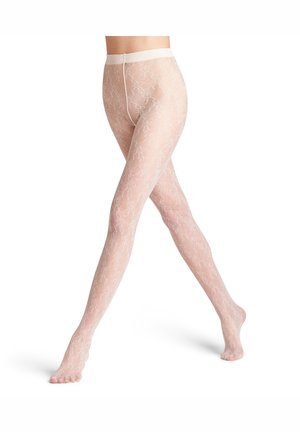 Sheer white tights featuring a delicate floral lace pattern, with a wide, elasticized waistband and a smooth, slightly stretchy texture.