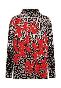 Pullover mit schwarzer Grundfarbe, roten Blumenmustern und hellbeigen Leopardenflecken. Hergestellt aus Strickstoff mit einem hohen Kragen.