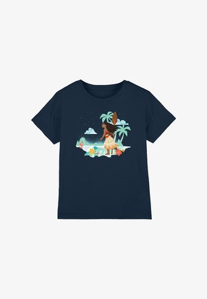 Navy blue t-shirt featuring a graphic of a figure with long hair wearing a tropical outfit, surrounded by palm trees and flowers.