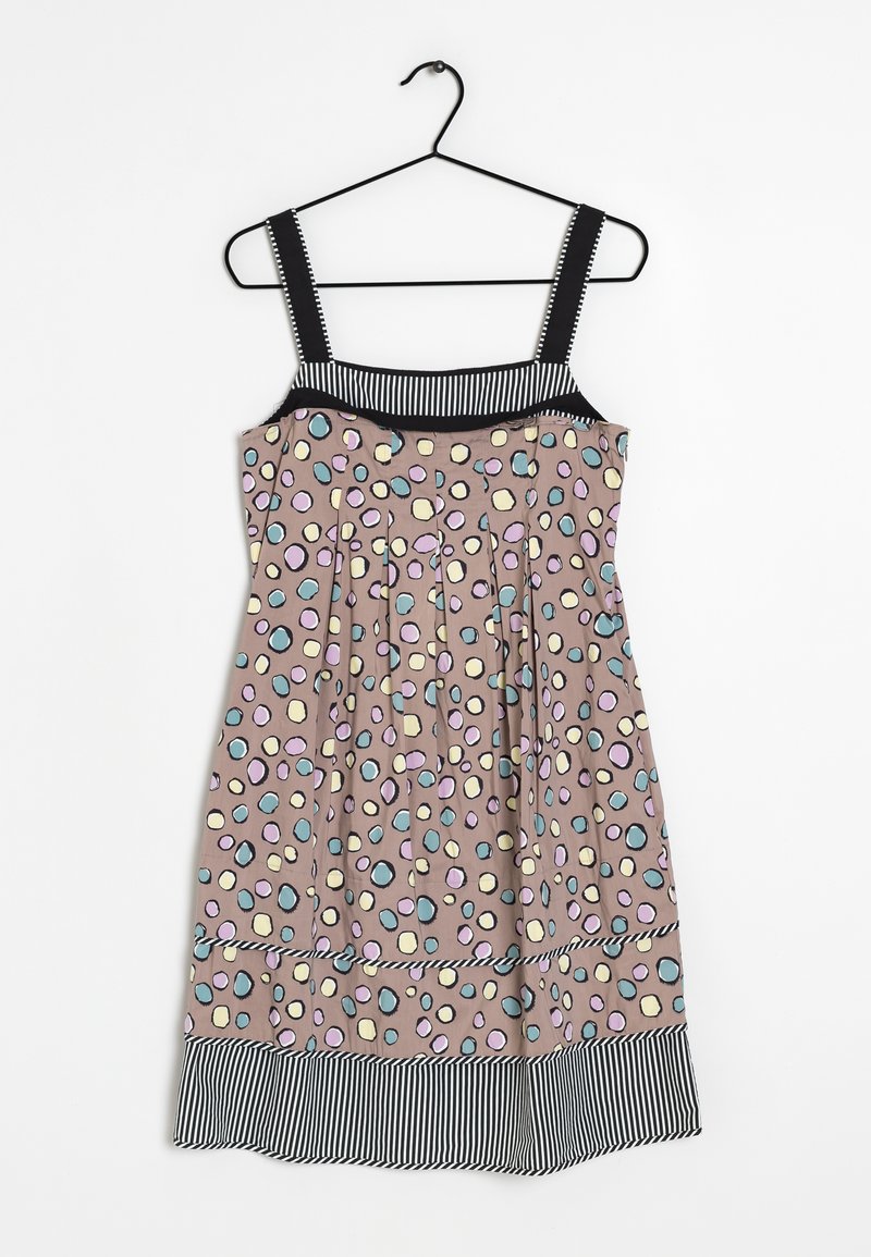 Robe marron avec des pois multicolores, dotée d'un col et d'un ourlet rayés, design plissé et larges bretelles pour un bon maintien.