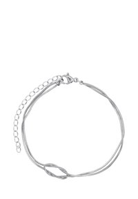 Silver bracelet featuring intertwined strands, a lobster clasp, and an adjustable chain link closure for size flexibility.