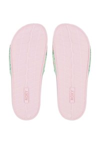 Roxy slippers met een groen en roze ontwerp, met een getextureerde roze zool en bloemachtige accenten op de banden.
