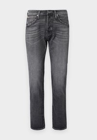 Grijze denim jeans met een rechte snit, voorzien van vijf zakken, metalen knoopsluiting, subtiele wassing en een gladde textuur.