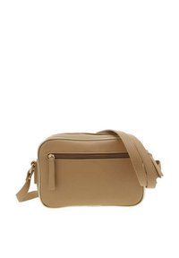 Sac bandoulière beige en matériau synthétique texturé, avec une poche zippée à l'avant, une bandoulière réglable et une forme rectangulaire.