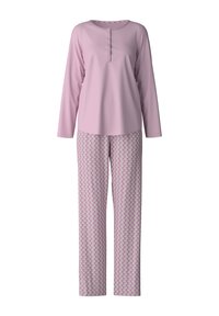 Roze lange mouwen top met een ronde hals en knopenrij, gecombineerd met gestreepte pyjamabroekjes met kleine bloemetjesmotieven in roze en wit.