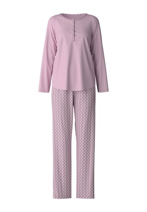 Roze lange mouwen top met een ronde hals en knopenrij, gecombineerd met gestreepte pyjamabroekjes met kleine bloemetjesmotieven in roze en wit.