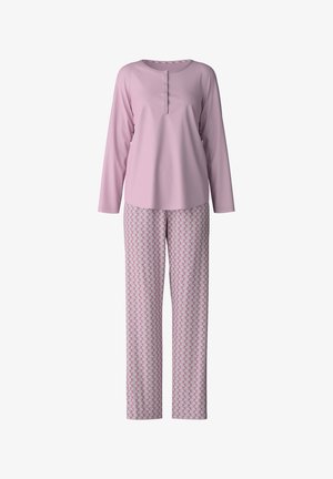 Rosa Langarmshirt mit rundem Ausschnitt und Knopfleiste, kombiniert mit gemusterten Schlafanzughosen, die kleine florale Motive in Pink und Weiß aufweisen.