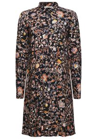 Svart långärmad skjortklänning med ett flerfärgat blommönster som har orange, gult, blått och vitt blommor.