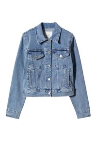 Jasnoniebieska kurtka dżinsowa o klasycznym kroju, z zapięciem na guziki, dwoma kieszeniami na piersiach, kieszeniami bocznymi i widocznymi szczegółami przeszyć.