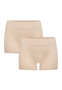 Beige naadloze boyshorts, gemaakt van rekbare stof, met een brede tailleband en een ontwerp dat tot halverwege het bovenbeen reikt met een afgeronde beenopening.
