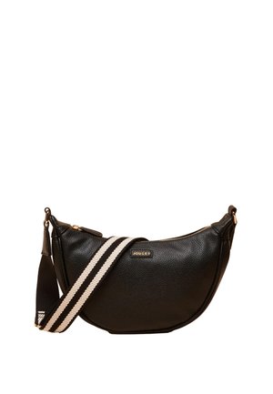 Zwarte gestructureerde crossbodytas met gouden rits, Joules-logo-badge en afneembare schouderband met beige en zwarte strepen.