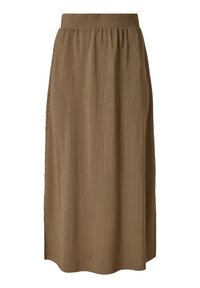 Jupe marron côtelée à hauteur des genoux avec une taille élastique et des lignes texturées verticales, coupe droite pour un port décontracté ou formel.