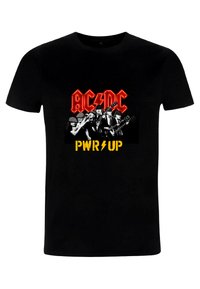 Czarna koszulka z bawełny z kolorową grafiką AC/DC w czerwieni i żółci, z członkami zespołu w czerni i bieli. Krótkie rękawy, klasyczny dekolt.