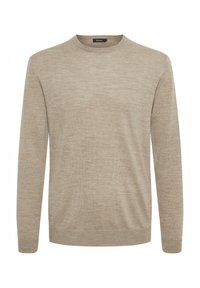 Beżowy sweter na drutach z okrągłym dekoltem, długimi rękawami i subtelną fakturą. Posiada prążkowany dół i mankiety dla dopasowanego wyglądu.