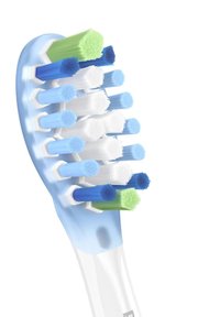 De elektrische tandenborstelkop heeft verschillende borstelhaar lengtes in blauw, wit en groen; hexagonale basisontwerp; glad, gebogen blauwe behuizing.