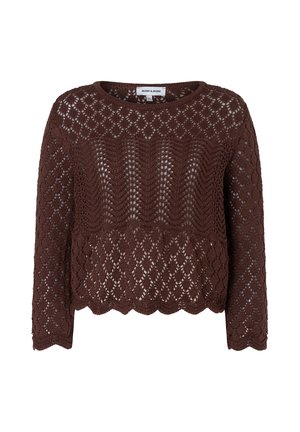 Brown crocheted long-sleeve sweater with a round neckline and scalloped hem, featuring an open lace knit pattern.