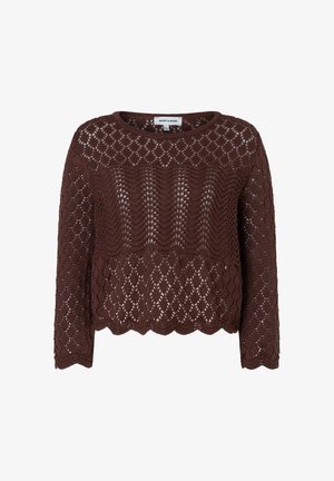 Brown crocheted long-sleeve sweater with a round neckline and scalloped hem, featuring an open lace knit pattern.