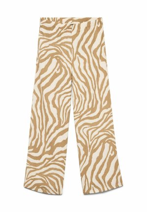 Wide-leg pants in a zebra pattern with alternating beige and cream colors. Made from a textured fabric with an elastic waistband.