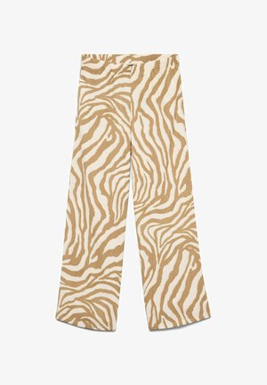 Wide-leg pants in a zebra pattern with alternating beige and cream colors. Made from a textured fabric with an elastic waistband.