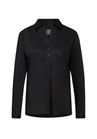 Camicia nera con colletto, maniche lunghe, una pattina con cinque bottoni e orlo dritto. Tessuto liscio e leggero.