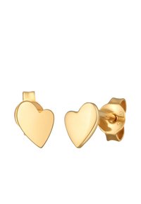 Goldene, herzförmige Ohrstecker mit hochglänzender Oberfläche. Jedes Ohrstück hat abgerundete Kanten und eine sichere Befestigung. 925er Stempel sichtbar.