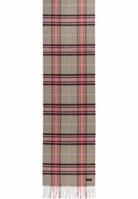 Rutega scarf i beige med pink og sorte striber. Blødt materiale med frynser i kanterne. Rektangulær form, der fremhæver et klassisk mønster.