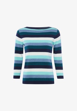 Sweter z długim rękawem w poziome paski w kolorach ciemnoniebieskim, morskim, jasnoniebieskim, białym i granatowym, z okrągłym dekoltem.