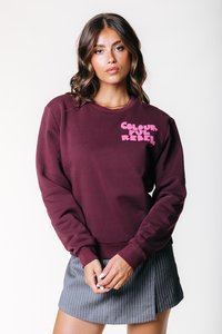Burgunderfarget genser med rund hals, lange ermer og rosa grafisk tekst "COLOURFUL REBEL" på brystet, kombinert med et gråstripet skjørt.