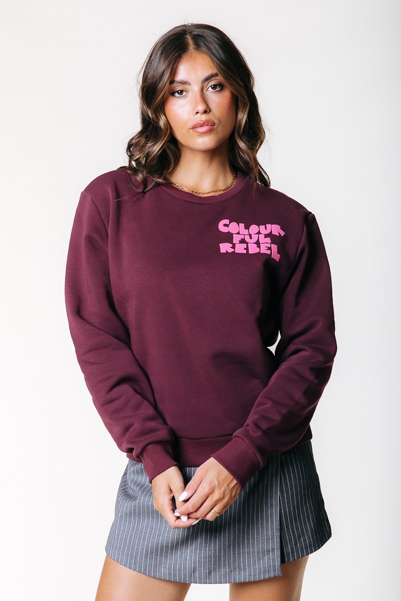Sudadera burdeos con cuello redondo, mangas largas y texto gráfico rosa "COLOURFUL REBEL" en el pecho, combinada con una falda gris a rayas.