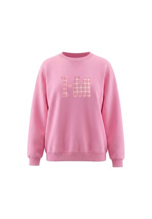 Pink sweatshirt med "I" og et hjertesymbol ved siden af en ternet katte-silhuet foran, med lange ærmer og ribkanter ved ærmer og kant.