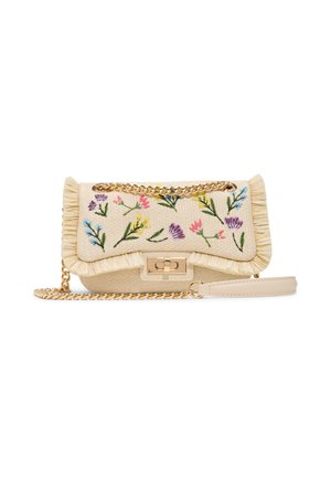 Beige woven handbag with colorful embroidered flowers, fringed edges, gold chain strap, and rectangular gold twist-lock clasp.