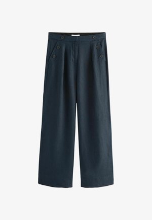 Granatowe spodnie o szerokich nogawkach z wysokim stanem, bocznymi kieszeniami i ozdobnymi czarnymi guzikami z przodu i na pasku.