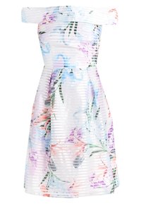 Sukienka na ramiączkach wykonana z teksturowanej tkaniny w kwiatowy wzór w pastelowych kolorach, z pionowymi paskami i dopasowanym gorsetem.